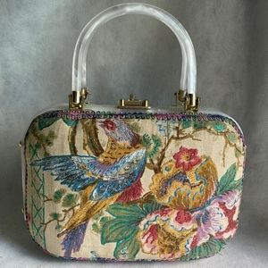 1950s Tapestry and Wicker Purse with Lucite Handles